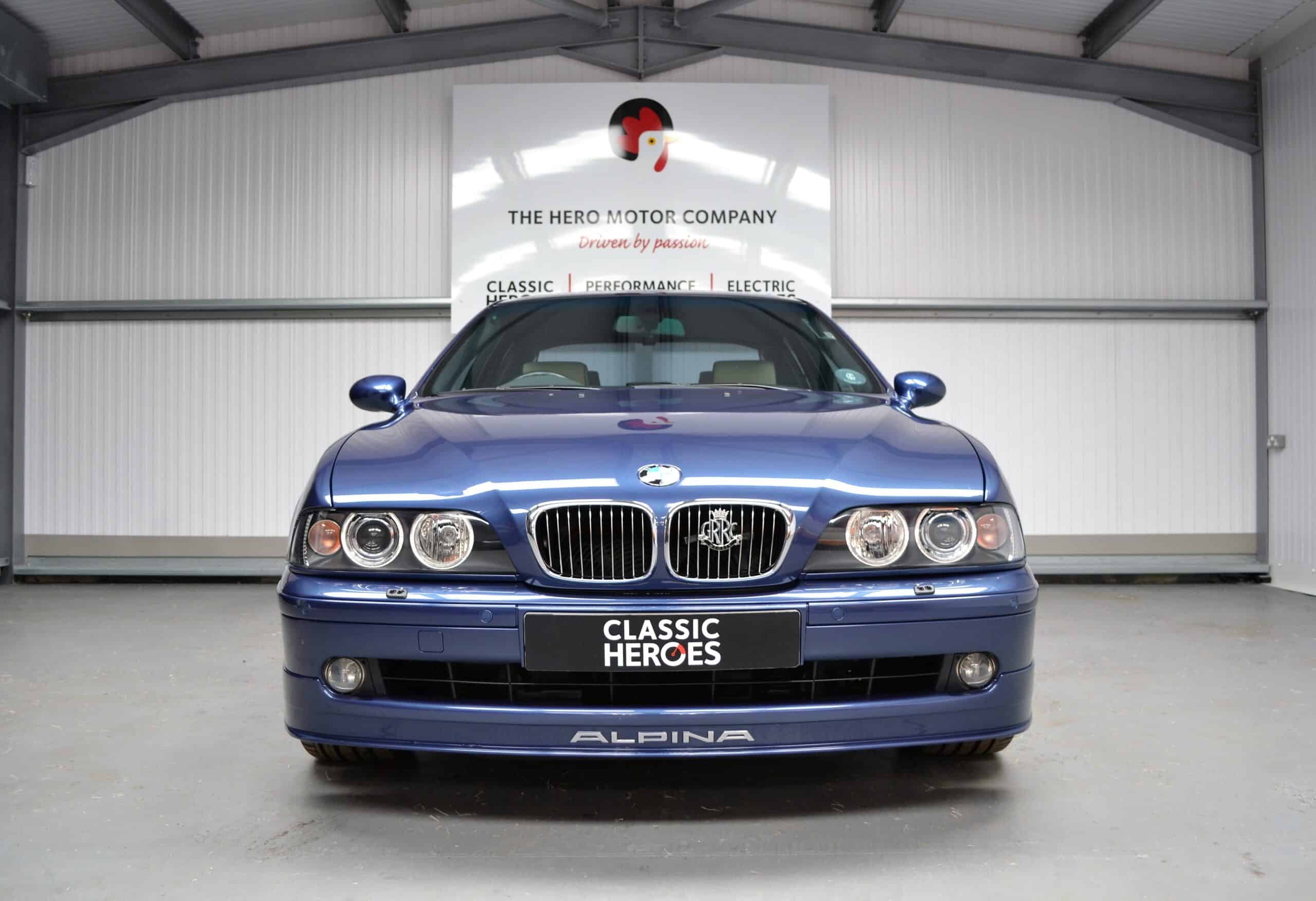 Front exterior of Alpina B10 V8 in Alpina Blue with Xenon Headlights.