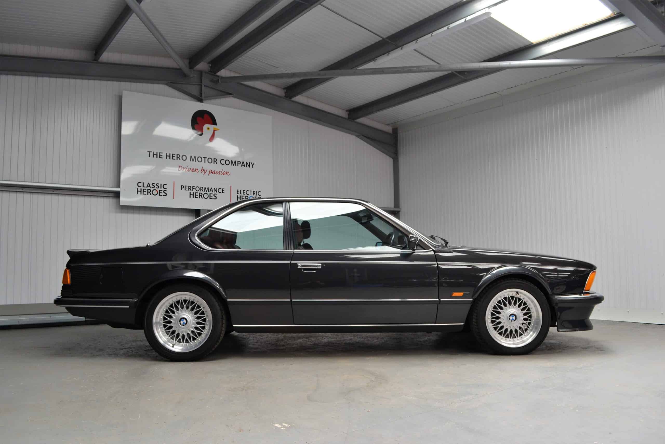 Offside exterior of Diamond Black M635 csi with BBS split rims.