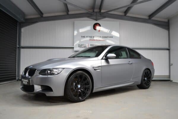 Front nearside of E92 M3 Frozen Grey 19 inch M alloy wheels and tinted windscreen.