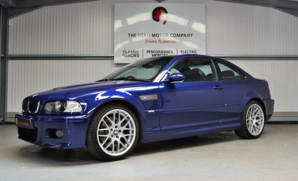 Nearside exterior of E46 M3 CS in Interlagos Blue.