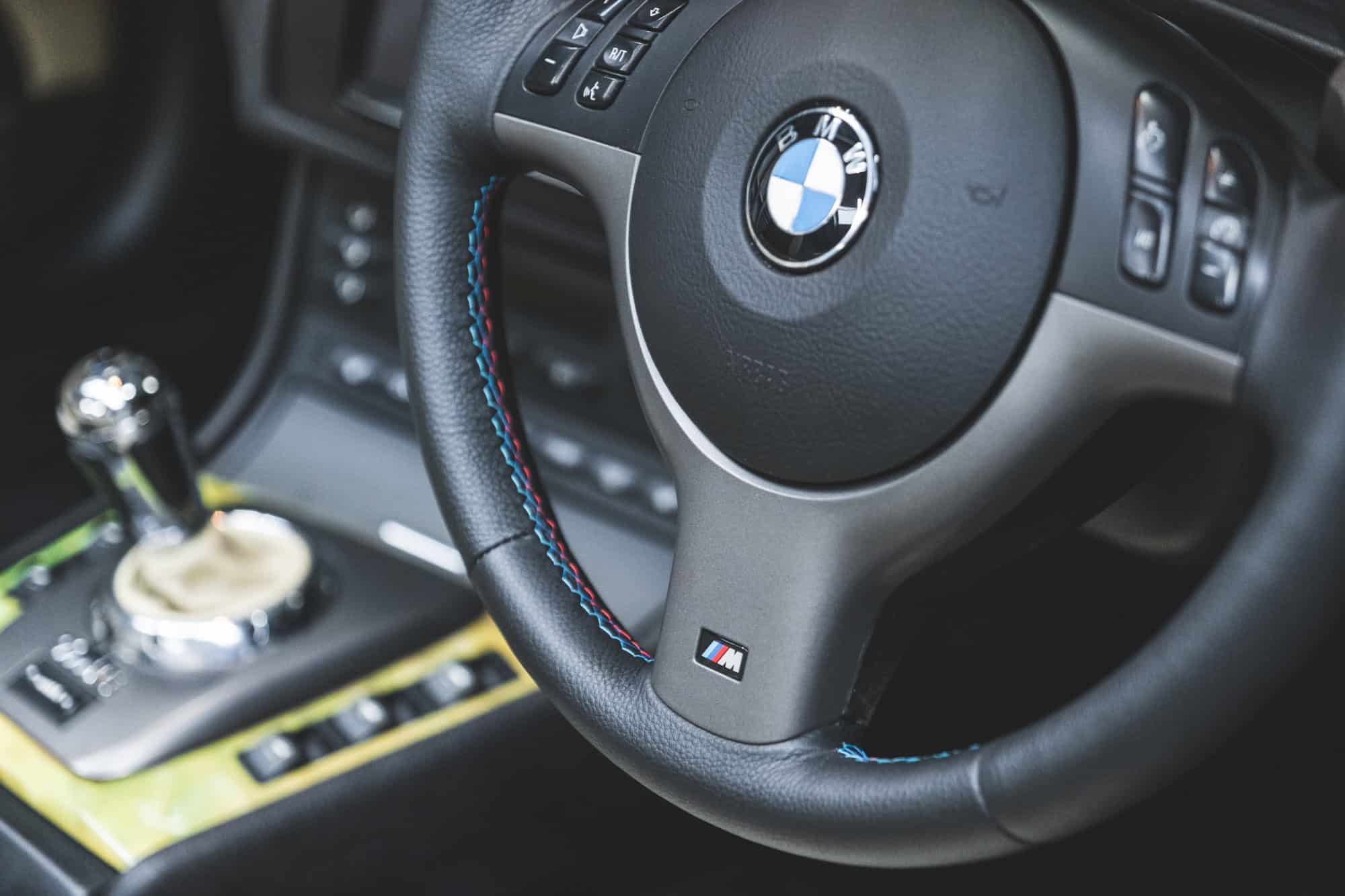 BMW E46 M3 black M sport steering wheel and automatic gearbox.