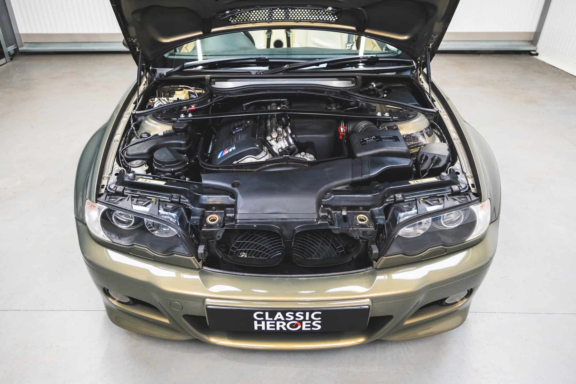 Top down view of BMW E46 M3 S54 3.0 litre engine and Messing Metallic paint.