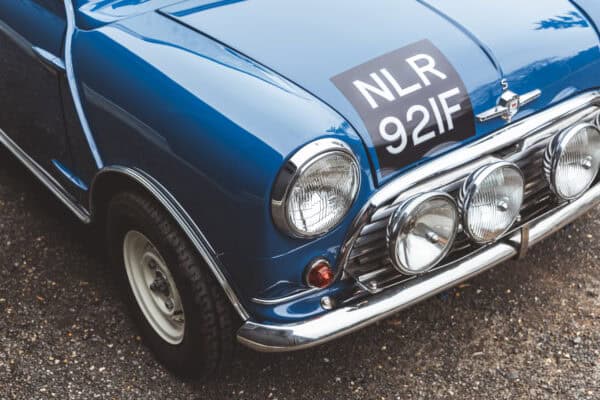 Close up of Morris Mini Cooper S bonnet and front headlights and fog lights.