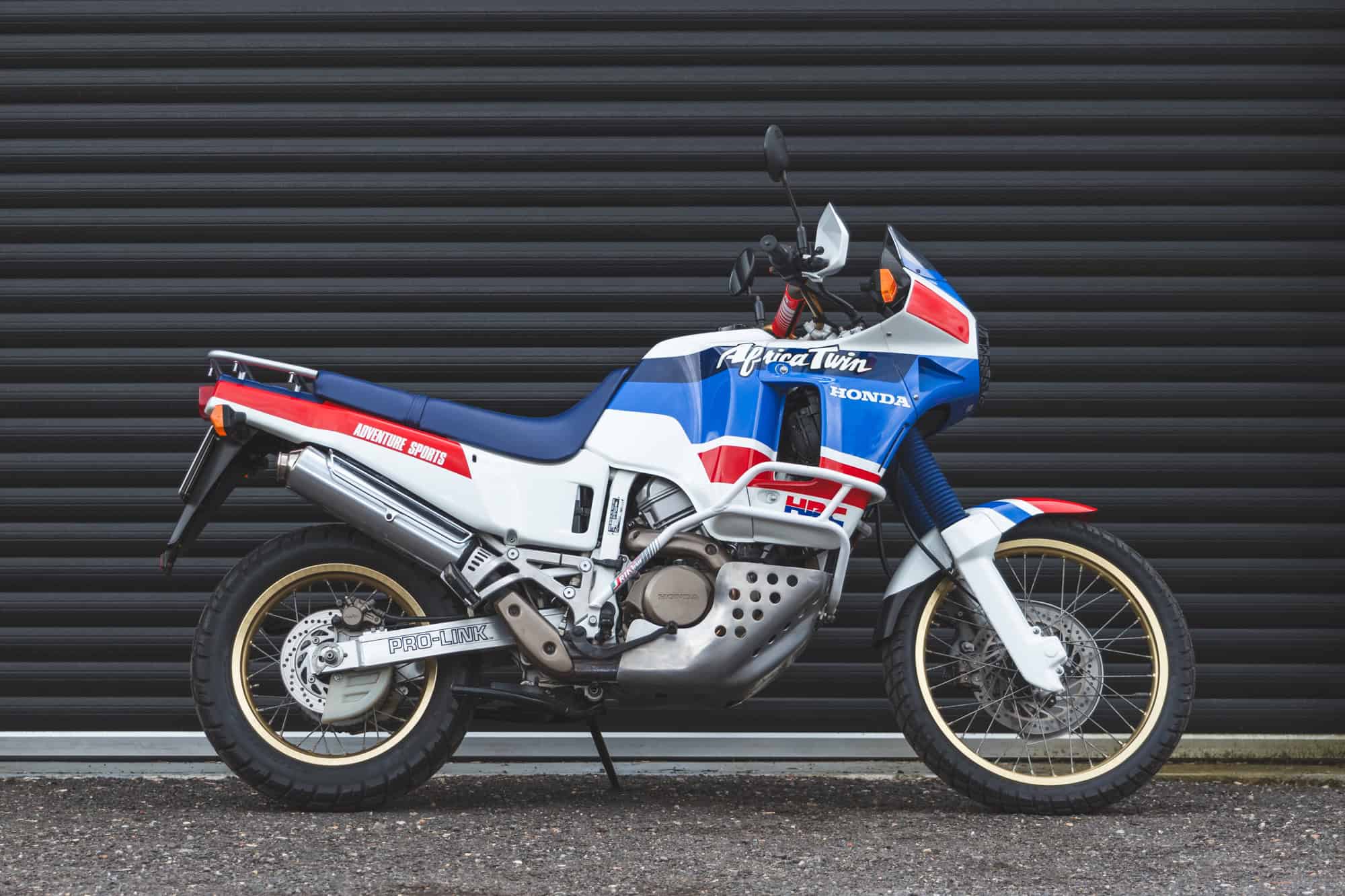 Side exterior view of Honda Africa Twin on kick stand.