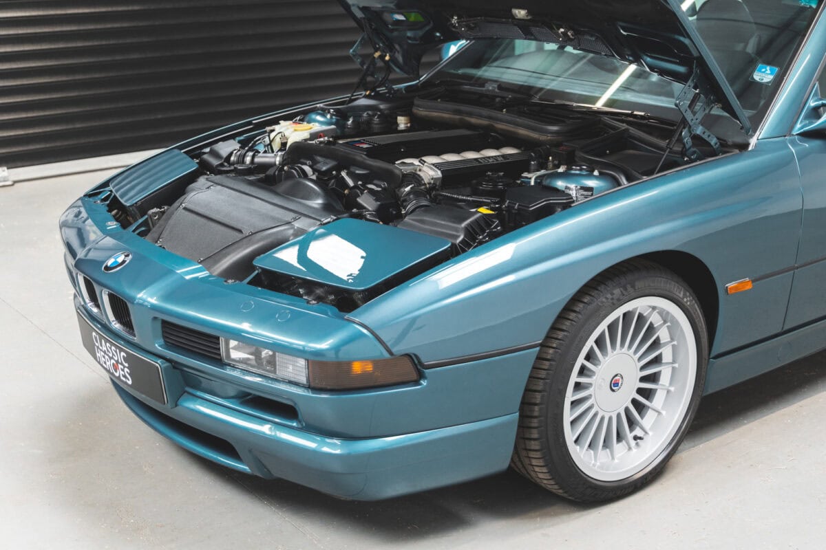 Engine bay and front quarter panel with 18 inch Alpina alloy wheels of E31 850 CSI.