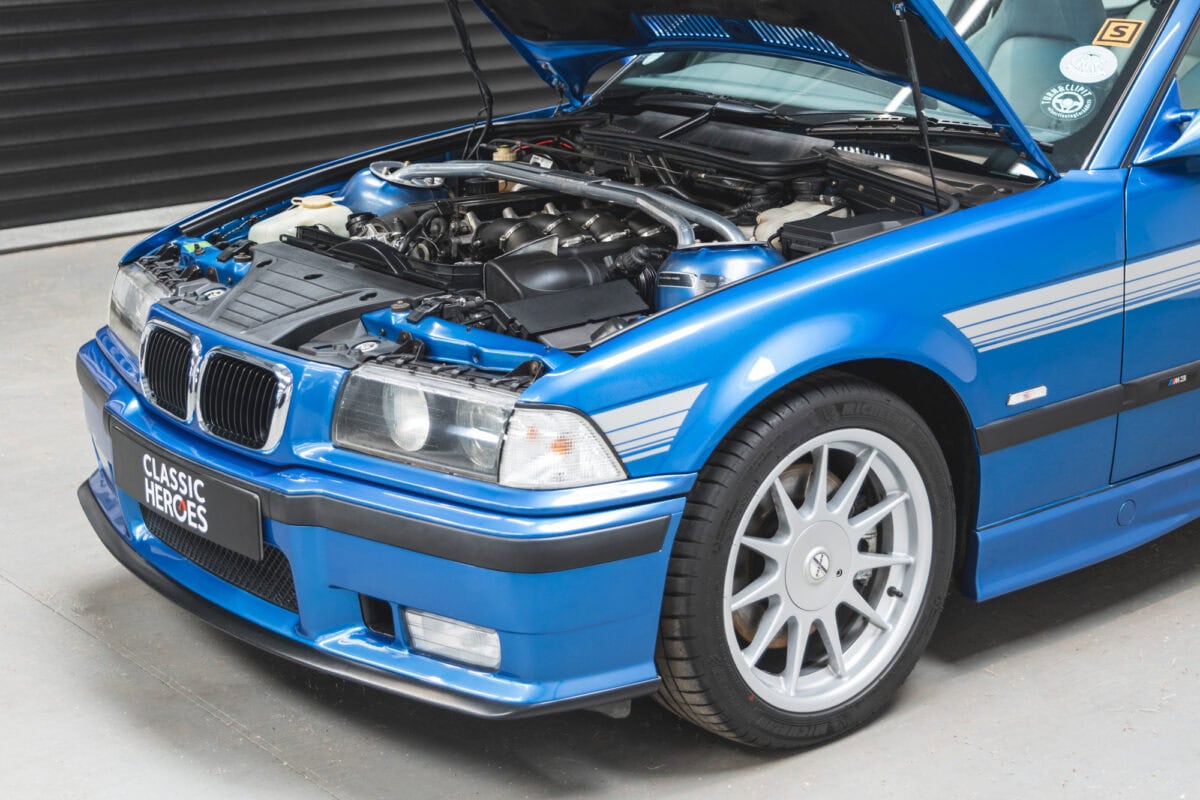 Nearside view of engine bay in an BMW E36 M3 Hartge Estoril Blue Coupe.