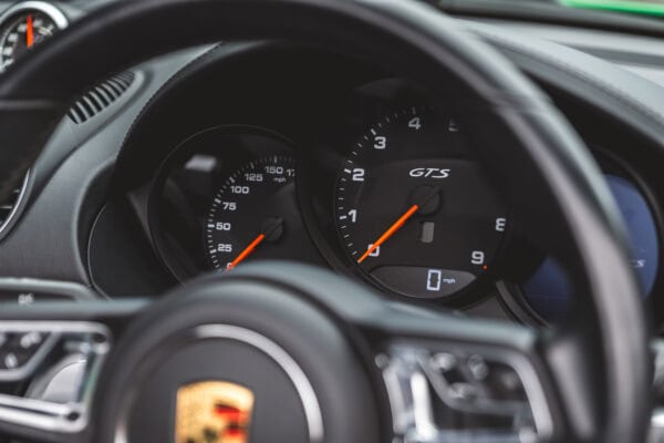 Speedo and rev counter in Porsche Boxster 718 Spyder GTS Python Green.