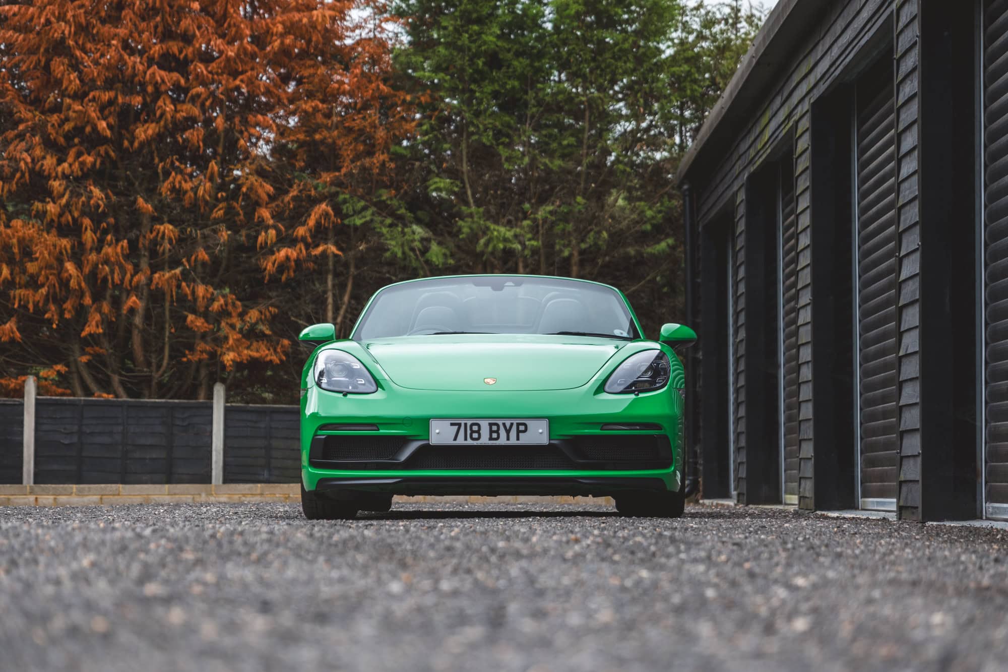 Front exterior on Porsche Boxster 718 Spyder GTS Python Green.