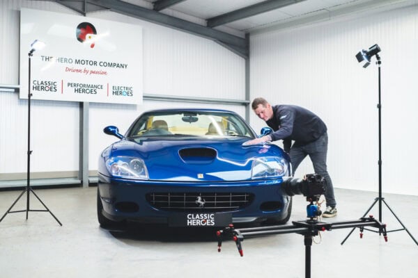 A Ferrari 575 Maranello being professionally photographed at Hero Motor Company to be sold.