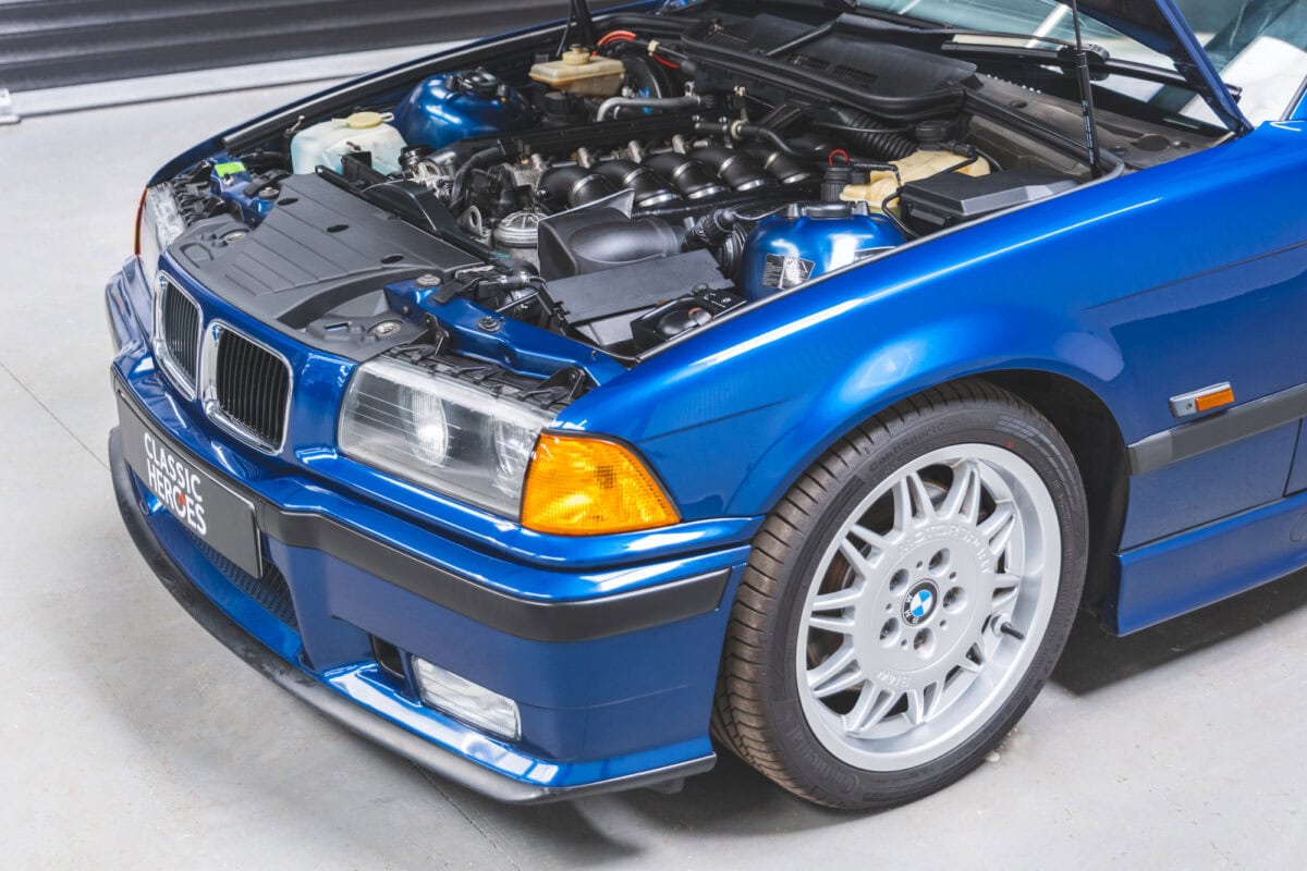 Nearside view of engine bay on BMW E36 M3 Avus Blue Metallic.