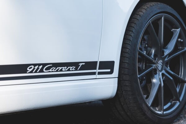 Decals and alloy wheels on Porsche 991 Carrera T.