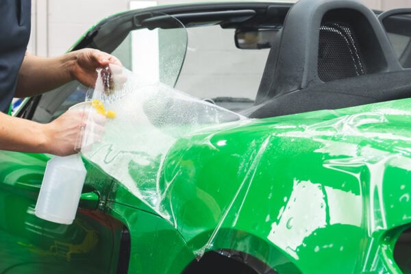 A detailer applies paint protection PPF film to a green Porsche Boxster to protect its paint.