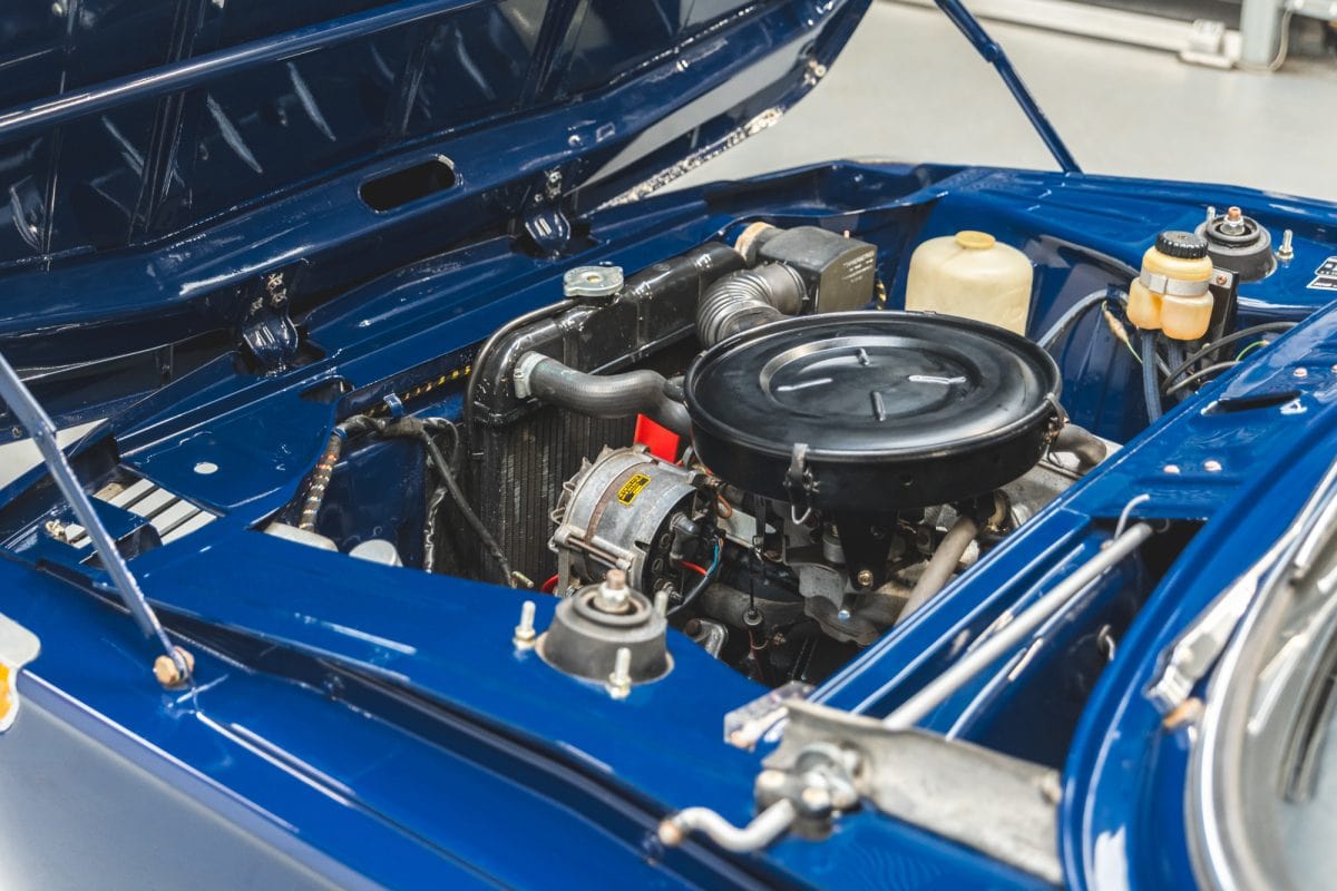 Engine bay on BMW 2002 1968 Pacific Blue.