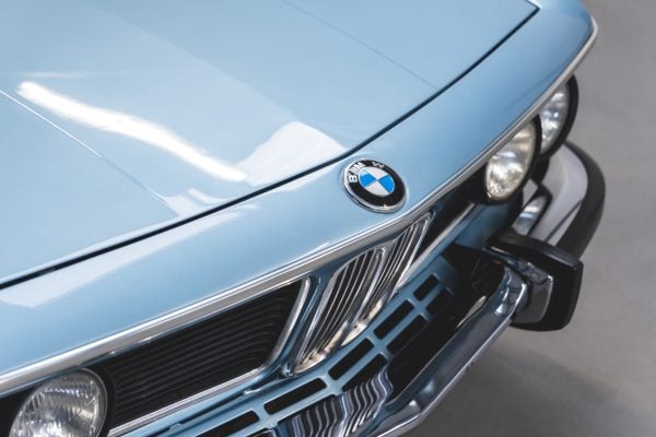 Front grill headlamps and sharks nose on BMW 3.0 E9 CSL Fjord Blue.