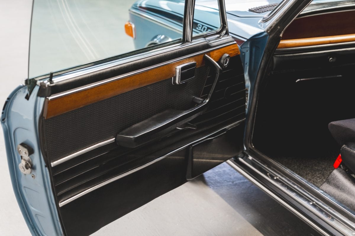 Nearside door panel on a BMW 3.0 E9 CSL Fjord Blue.