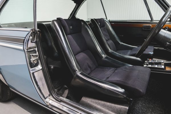 Offside interior view into a BMW 3.0 E9 CSL Fjord Blue.