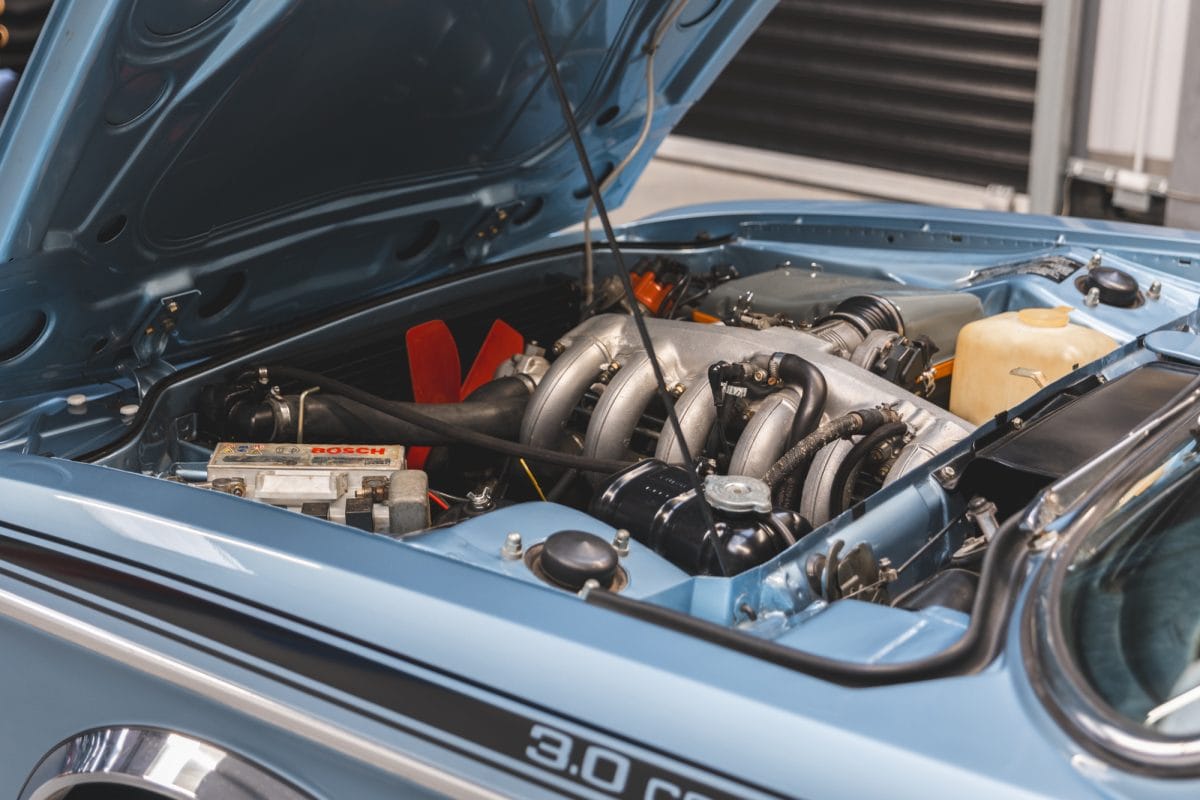 Offside view of engine bay on BMW 3.0 E9 CSL Fjord Blue.