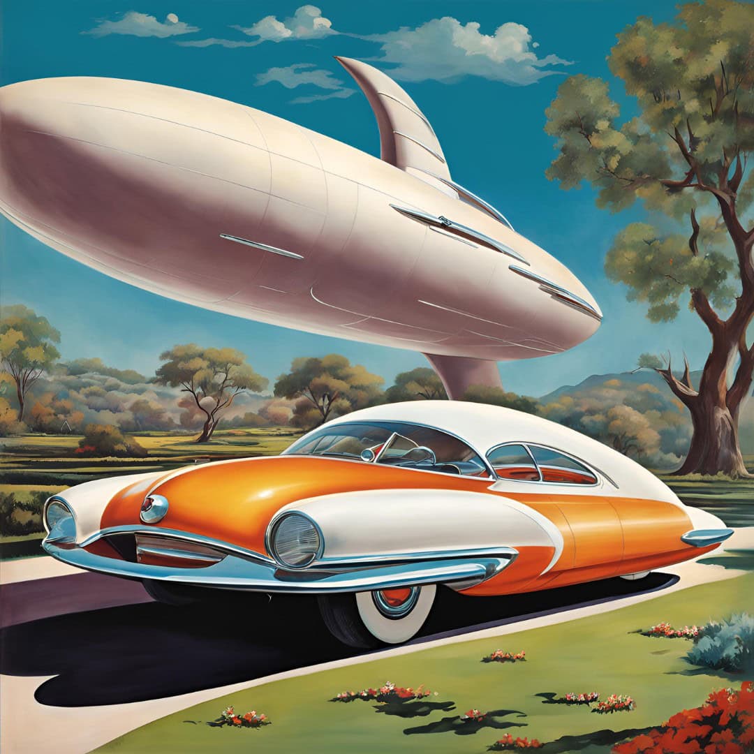 A space age self driving car in classic 1950's style.