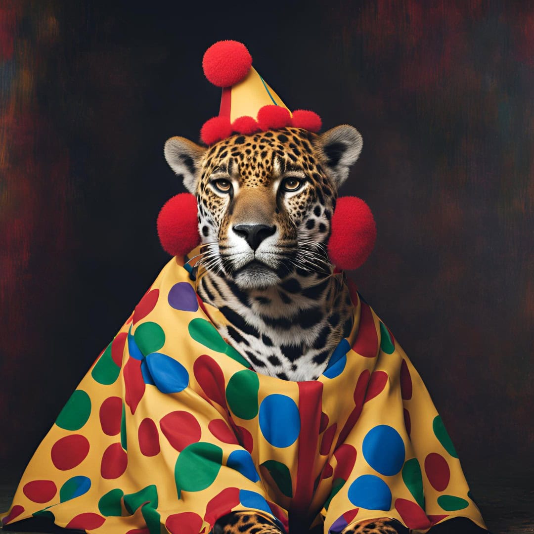 A sad looking Jaguar in a clown costume.