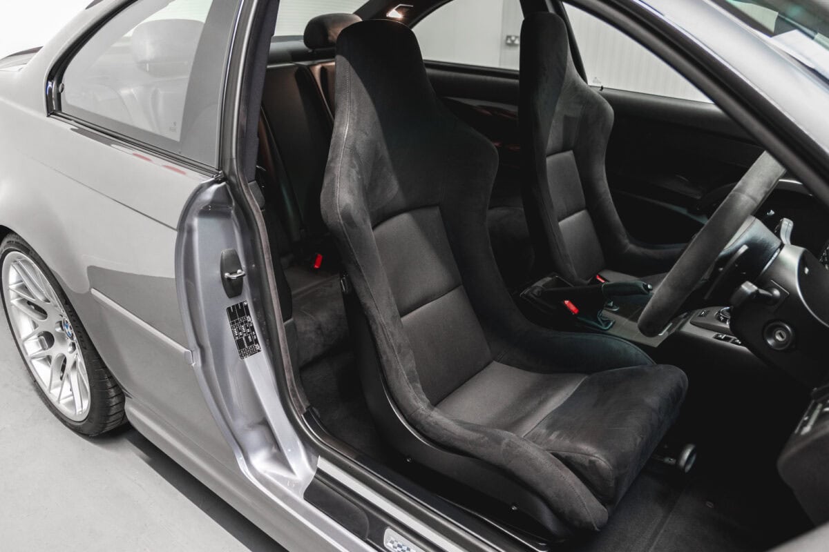 BMW E46 M3 CSL drivers bucket seat in black alcantara suede.