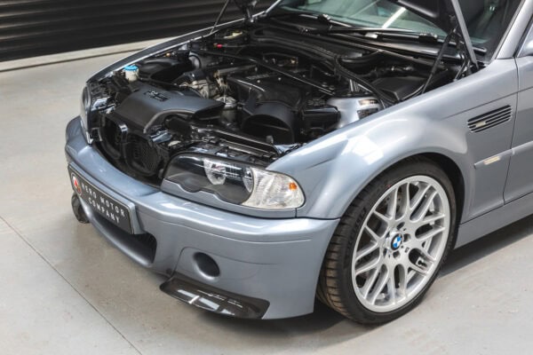 Front nearside quarter view of the engine bay of a BMW E46 M3 CSL.