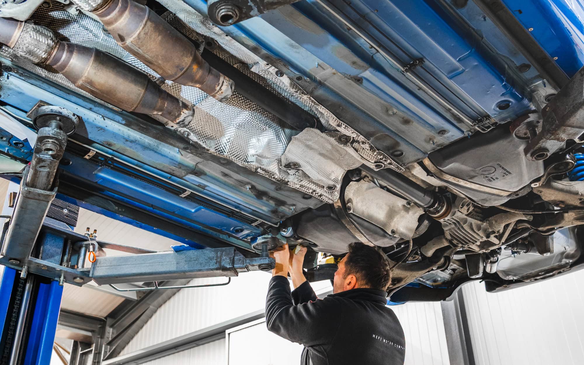 The Underside of an Audi RS4 in Sprint Blue.