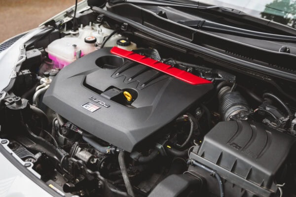 Close-up view of the engine bay of a Toyota Yaris GR Four.