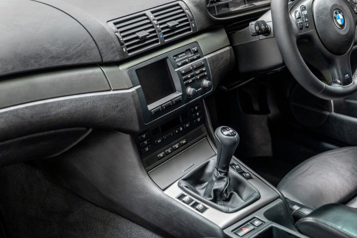 Nearside interior view of manual gearbox and centre console on BMW E46 M3