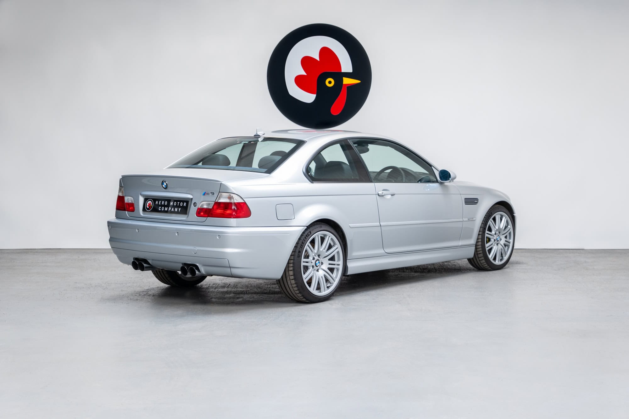 Offside rear exterior of titan silver BMW E46 M3 showing alloy wheels