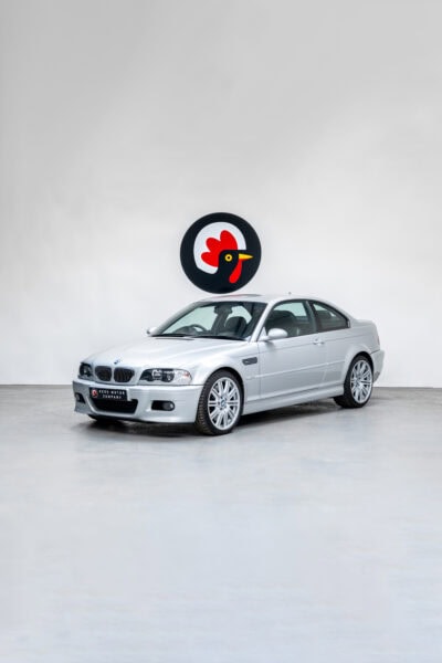 Nearside front exterior view of BMW E46 M3 Titan Silver showing alloy wheels and chrome front grill