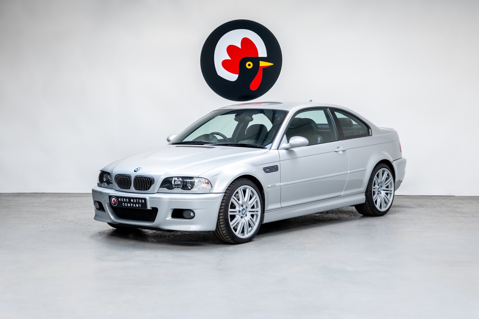 Nearside front exterior view of BMW E46 M3 Titan Silver showing alloy wheels and chrome front grill