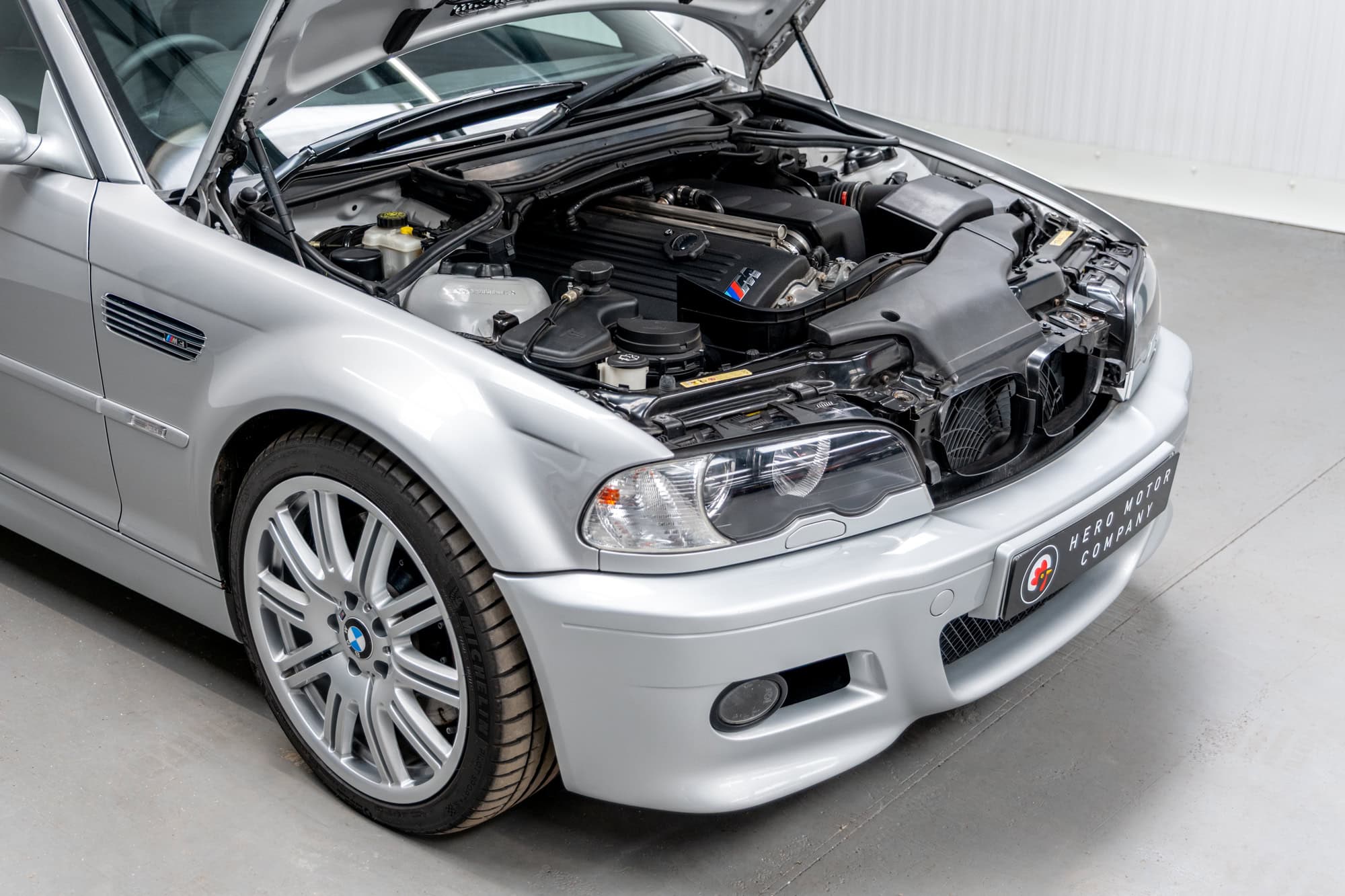 Offside view into engine bay of E46 M3 in titan silver