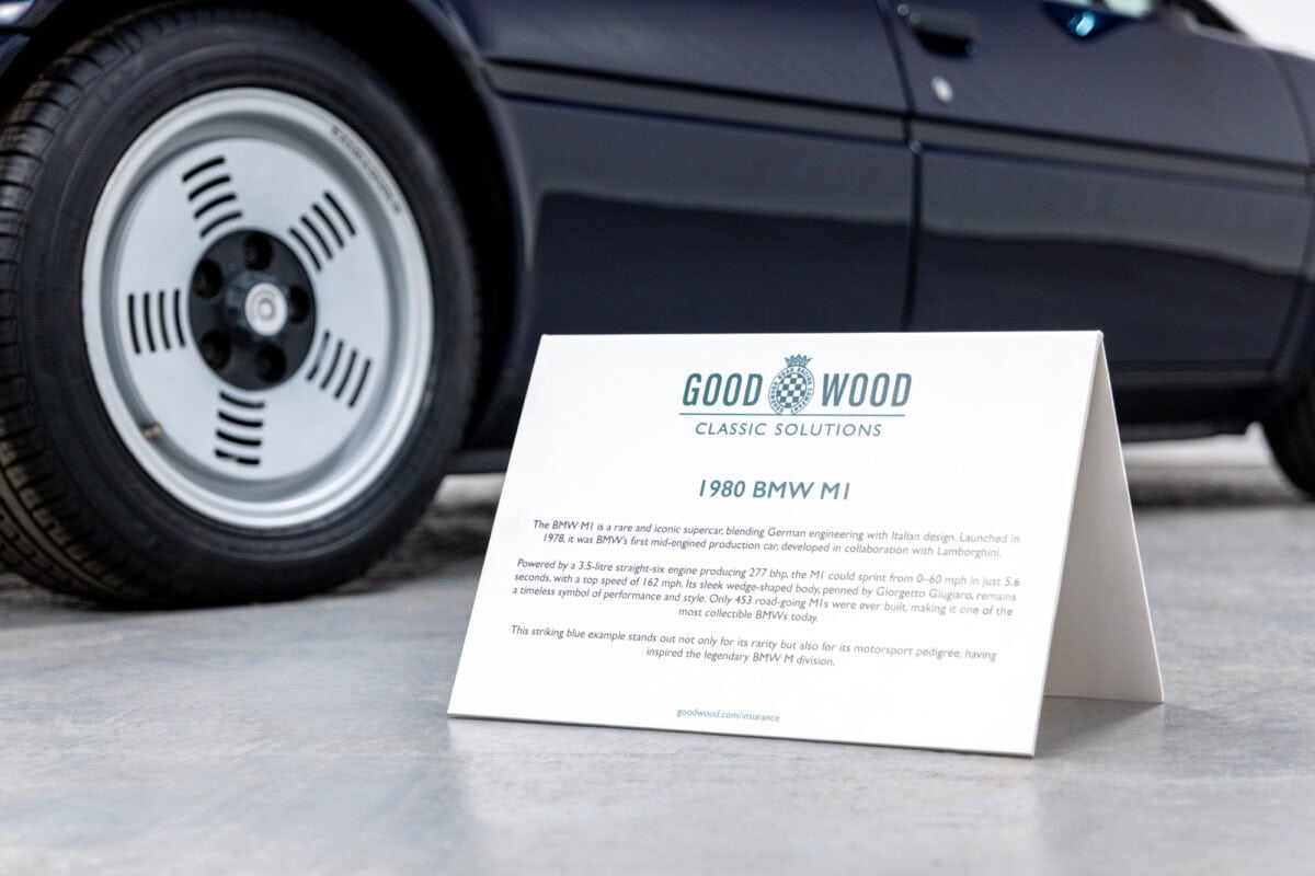 Goodwood sign placed in front of rear quarter and alloy wheel on BMW E26 M1 1980 Nicht Blau
