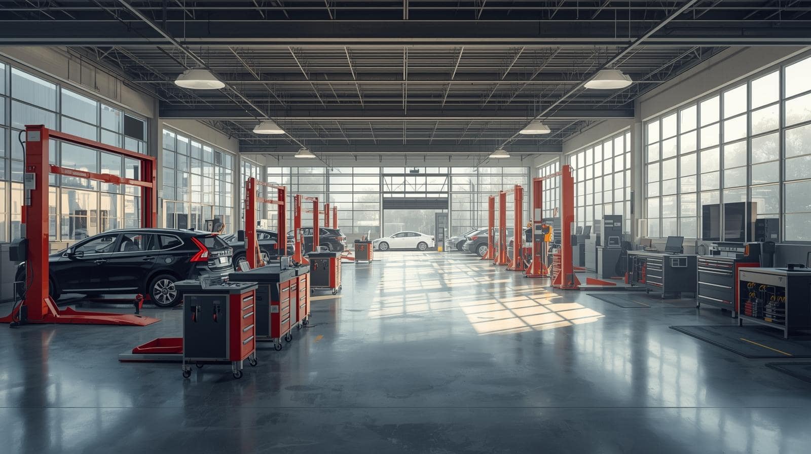 A painterly image of a modern workshop.