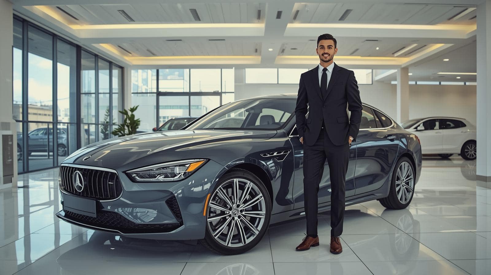 A painterly image of a slick car salesman in a showroom.