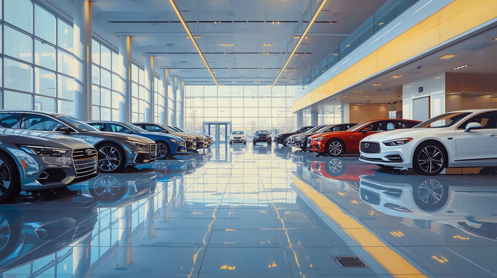 An AI painting of a modern car dealership.
