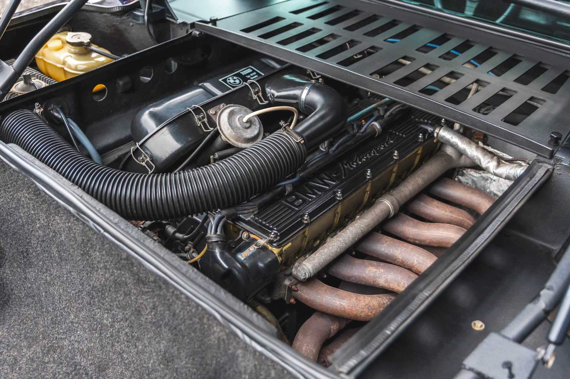 View of engine bay on 1980 E26 BMW M1 Nachtblau