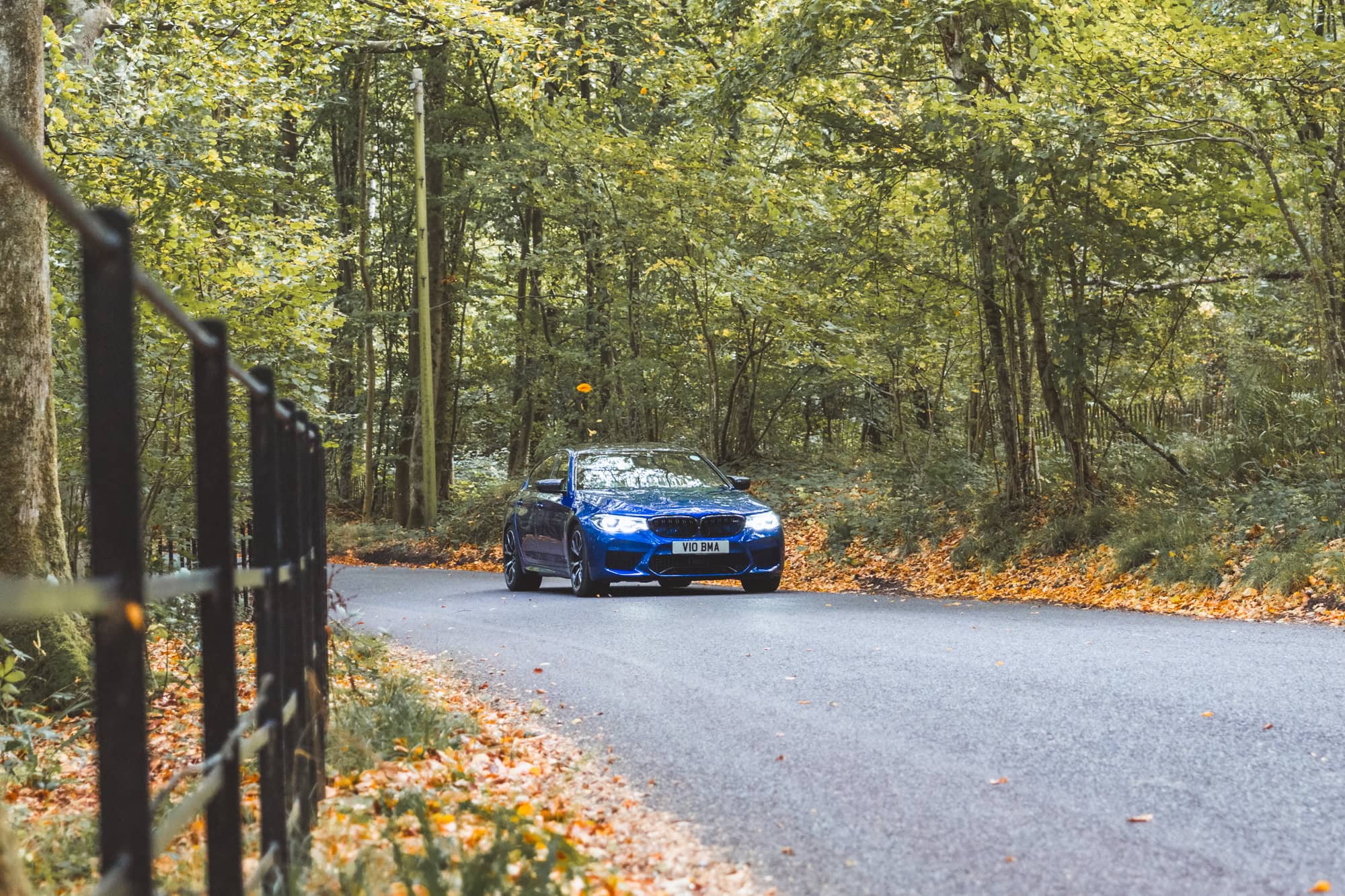 An F90 BMW M5 Competition in Marina Blue driving down a forest road.