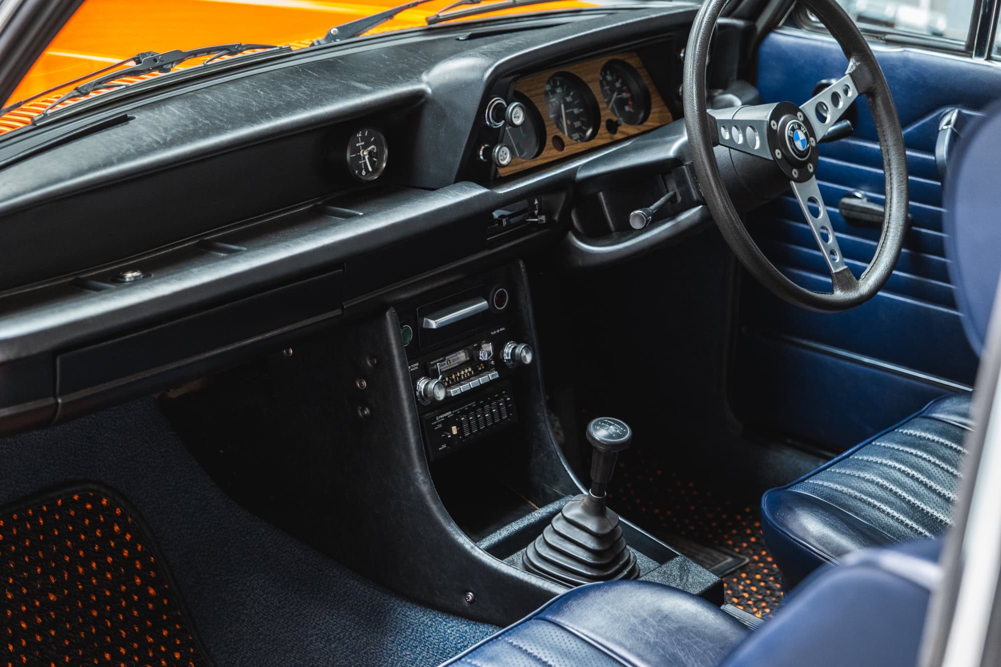 Blue vinyl interior from a 1975 BMW 2002 tii.
