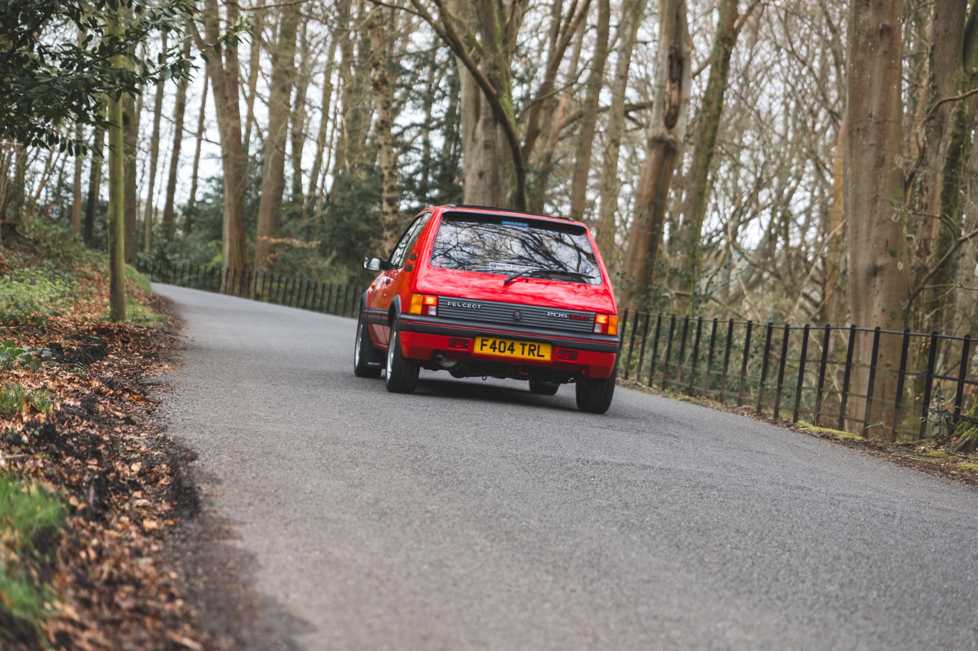 Rear view of cherry red Peugeot 205 GTI on a country lane with grassy verges metal fencing and trees in the background