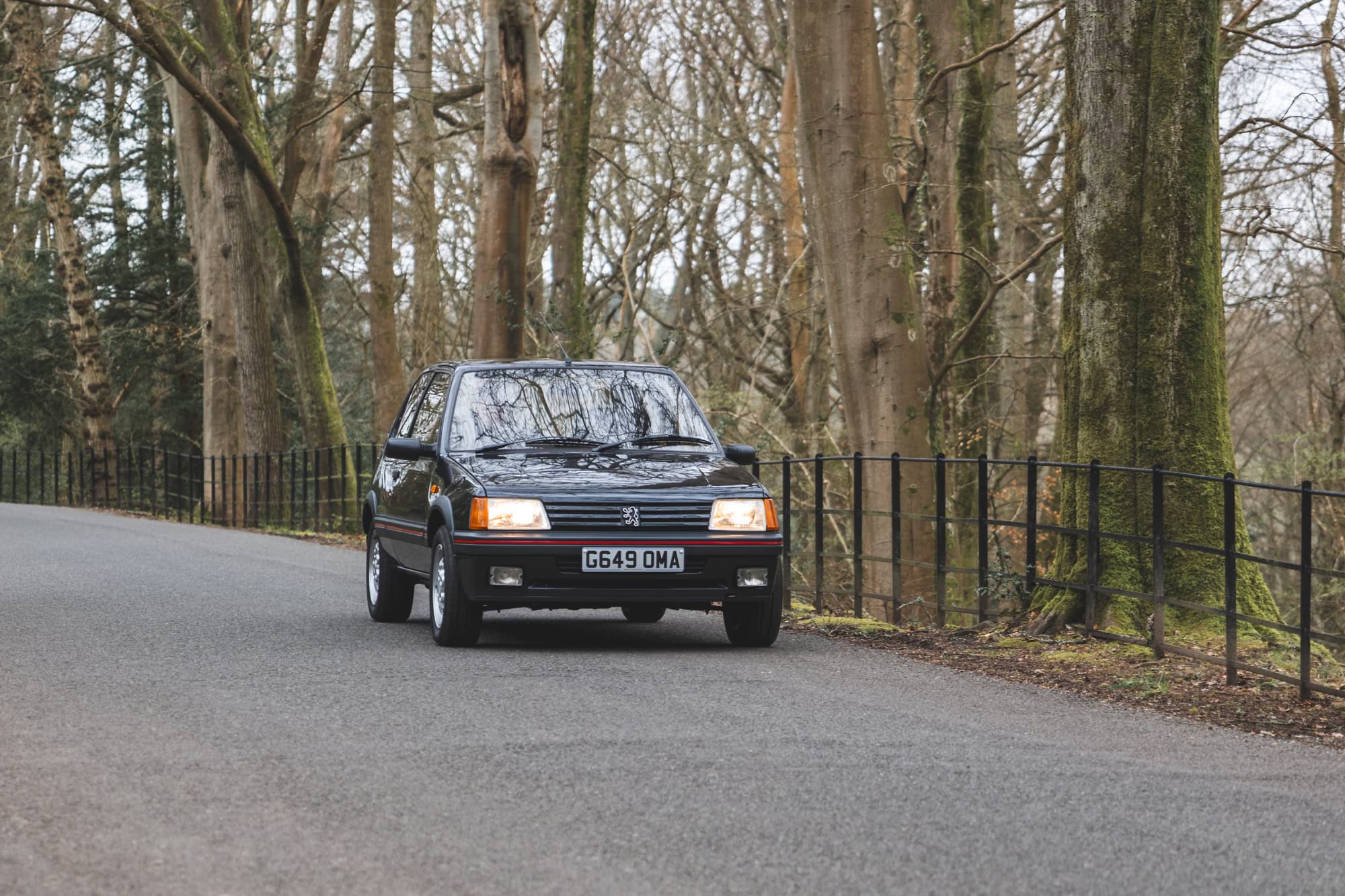 Front view of gris granite Peugeot 205 GTI on a country lane with metal fencing and trees in the background