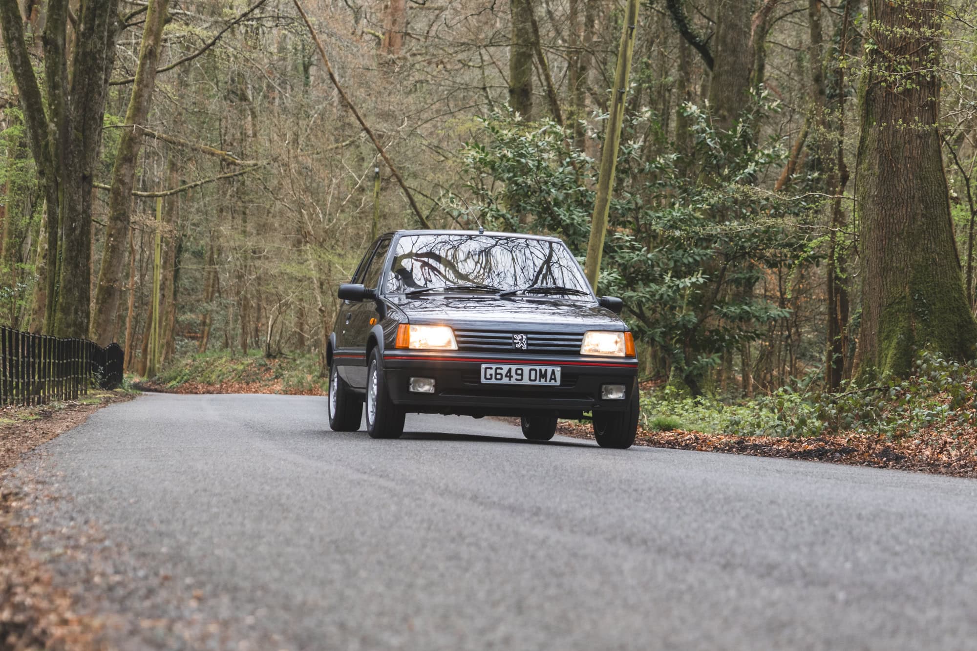 Gris granite Peugeot 205 GTI on a country lane with brown leaves and grass by the verge and trees in the background